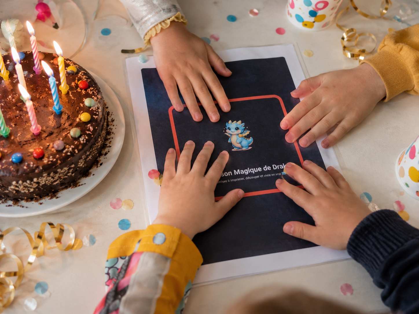 Trois paires de mains d’enfants posées sur le même livret, à côté d’un gâteau d’anniversaire et de confettis.