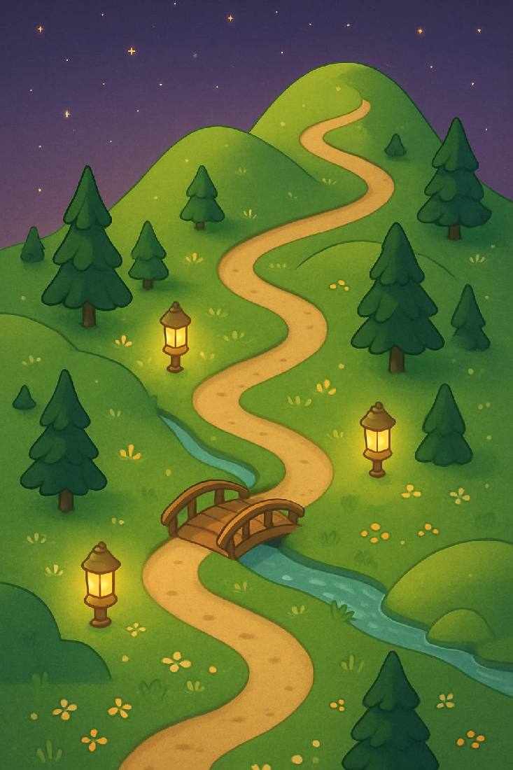 La carte de l’aventure Câline : des collines vertes, un pont de bois, un ruisseau et des lanternes allumées sous un ciel étoilé.