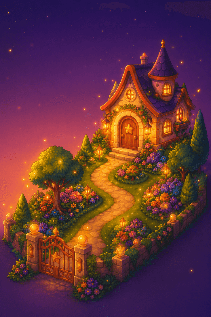 La carte au trésor de l'aventure Drako : le jardin de la maison magique en vue isométrique, avec le chemin qui relie les cachettes.