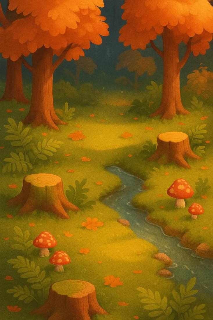 La carte au trésor de l'aventure Gribou : une clairière d'automne aux arbres orange, des souches, des champignons et un ruisseau.