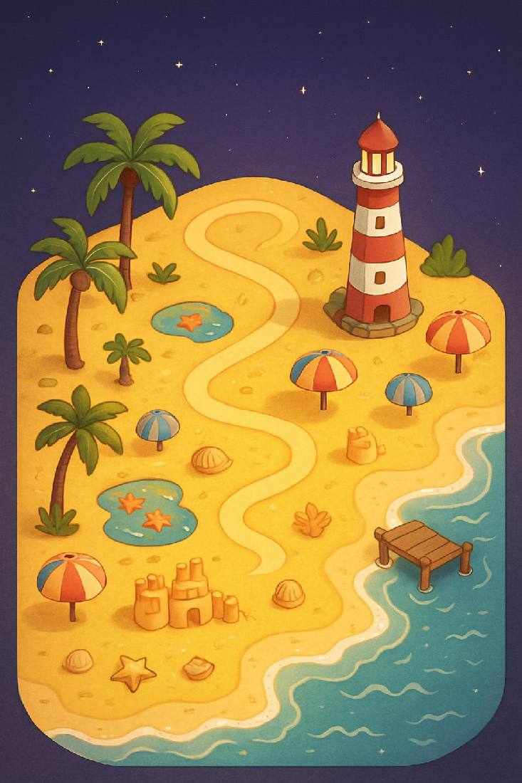 La carte de l’aventure Pinceau : une plage de sable doré avec un phare rouge et blanc, des parasols et un château de sable.