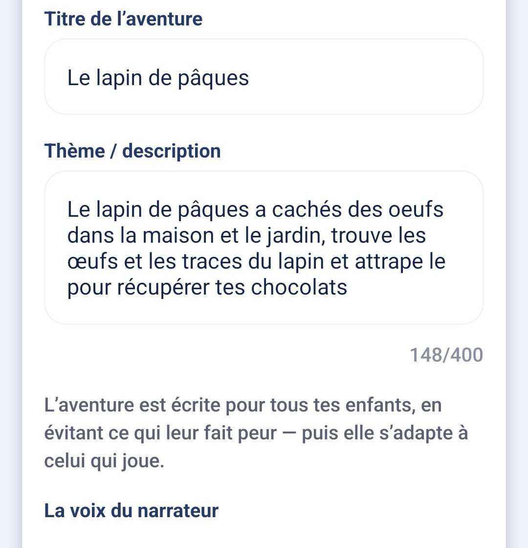 L’écran d’édition d’une aventure : le titre « Le lapin de pâques », le thème décrit en quelques phrases, et le choix de la voix du narrateur.