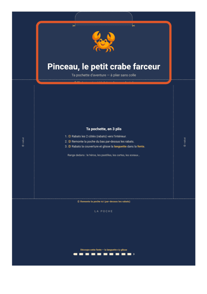 La pochette du livret, à découper et plier en trois sans colle, pour ranger les cartes et les pastilles de l’aventure.