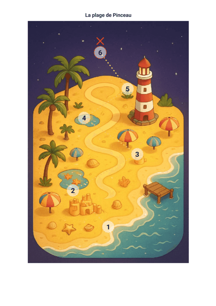 La carte au trésor du livret, à afficher pendant le jeu : une plage de sable doré avec un phare, des parasols et un château de sable.